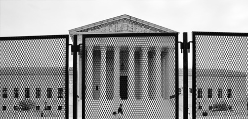 Non-scalable fencing has been erected around the Supreme Court as of May 5th, after the release of the draft SCOTUS ruling overturning Roe v Wade. Photo Credit: Victoria Pickering via Flickr. - ALLOW IMAGES