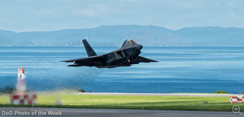 An Air Force F-22 Raptor assigned to the 27th Expeditionary Fighter Squadron launches during Exercise Beverly Beach 26-1 at Kadena Air Base, Japan, Aug. 3, 2026.  - ALLOW IMAGES.