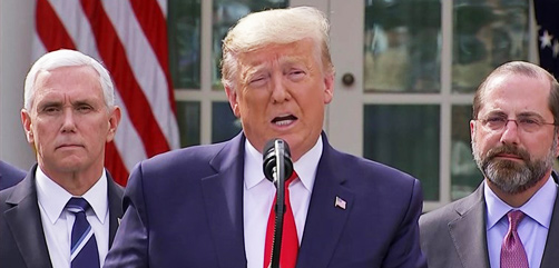 President Donald Trump declares the coronavirus pandemic a national emergency as Vice President Mike Pence, Health and Human Services Secretary Alex Azar, and other officials listen during a news conference in the Rose Garden of the White House, March 13, 2020. - ALLOW IMAGES